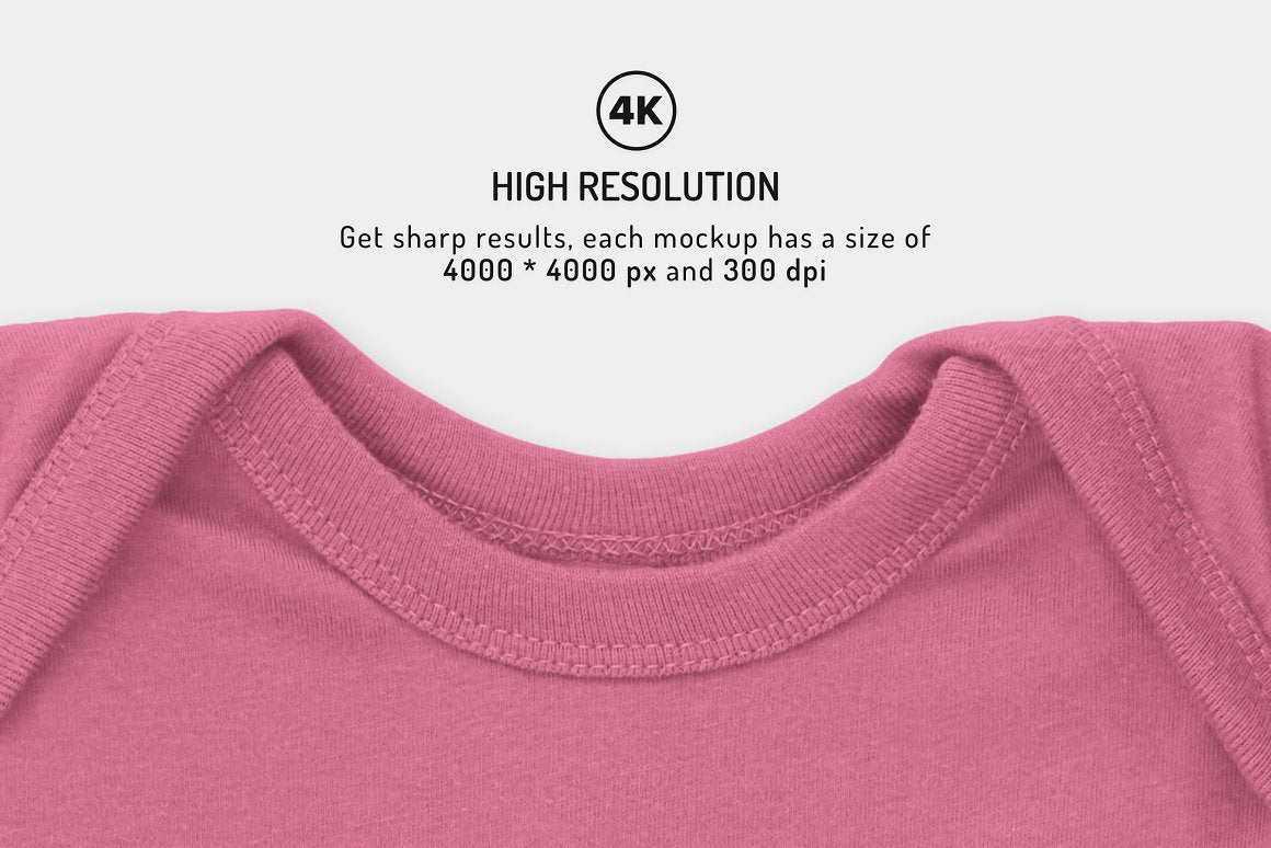 High Resolution 4k Get Sharp results, each mockup has a size of 4000 * 4000 px and 300 dpi Apparel Mockups Rabbit Skins Infant Lap Shoulder T-Shirt Photorealistic result 7 psd files editable via smart object easy customizable ultra high resolution displacement map editable color